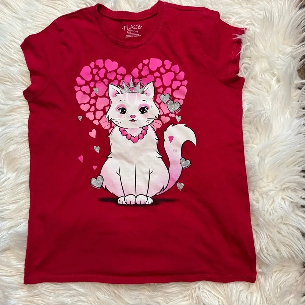 The Children’s Place Girls Cat Heart Graphic Tee‎ Red Pink Size L 10-12